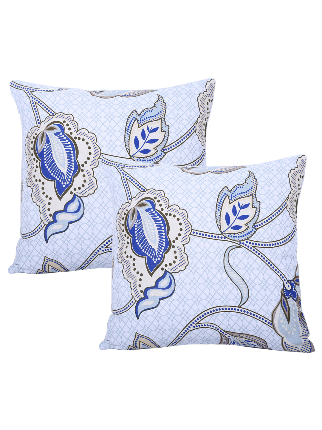 Floral Printed Cotton Diwan Set with Bolster and Cushion Covers - Blue