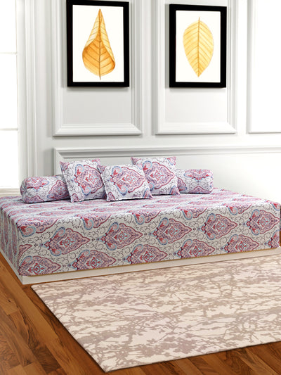 Ethnic Motifs Printed Cotton Diwan Set with Bolster and Cushion Covers - Pink