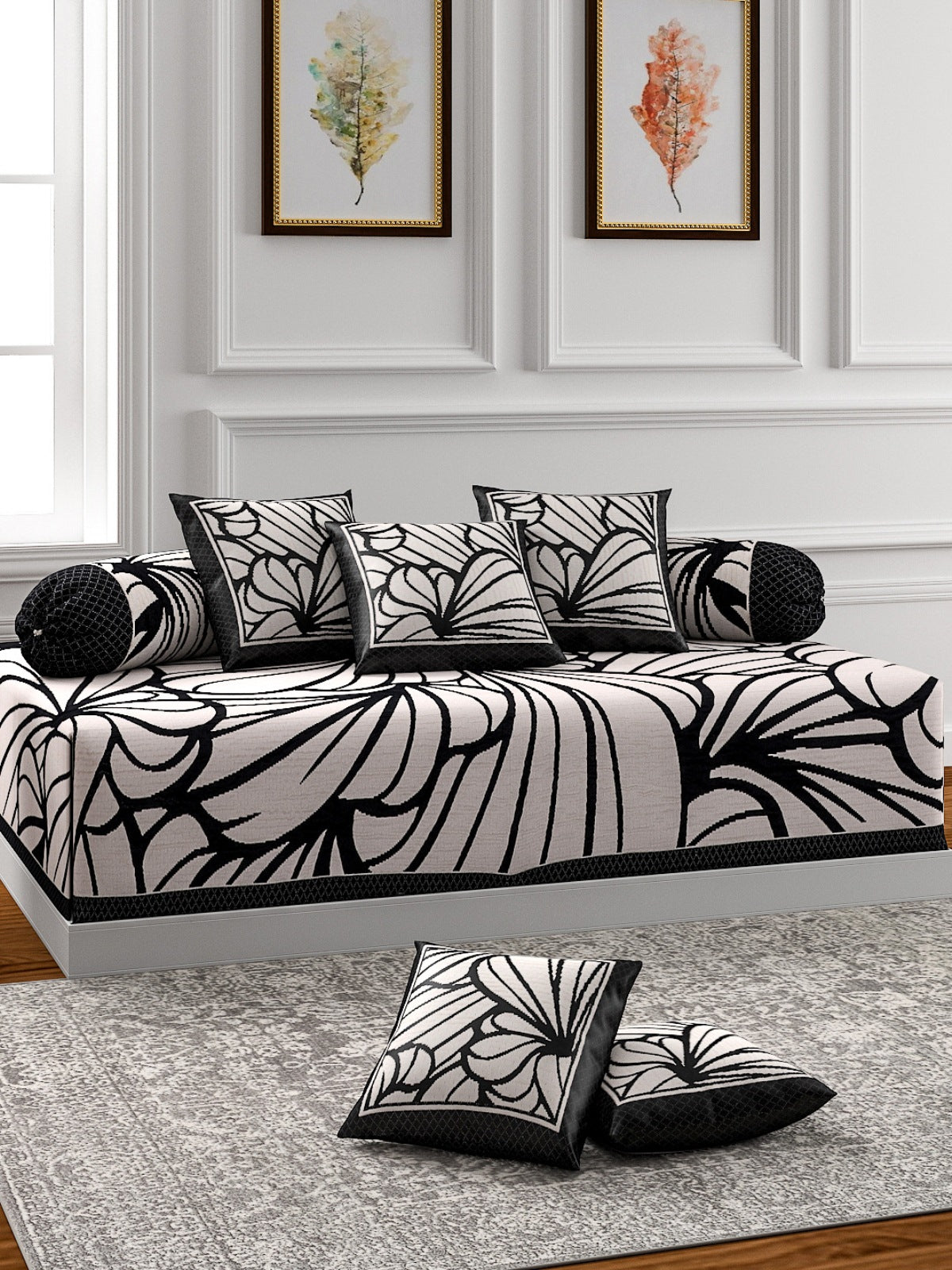 Floral White Polycotton Diwan Set
