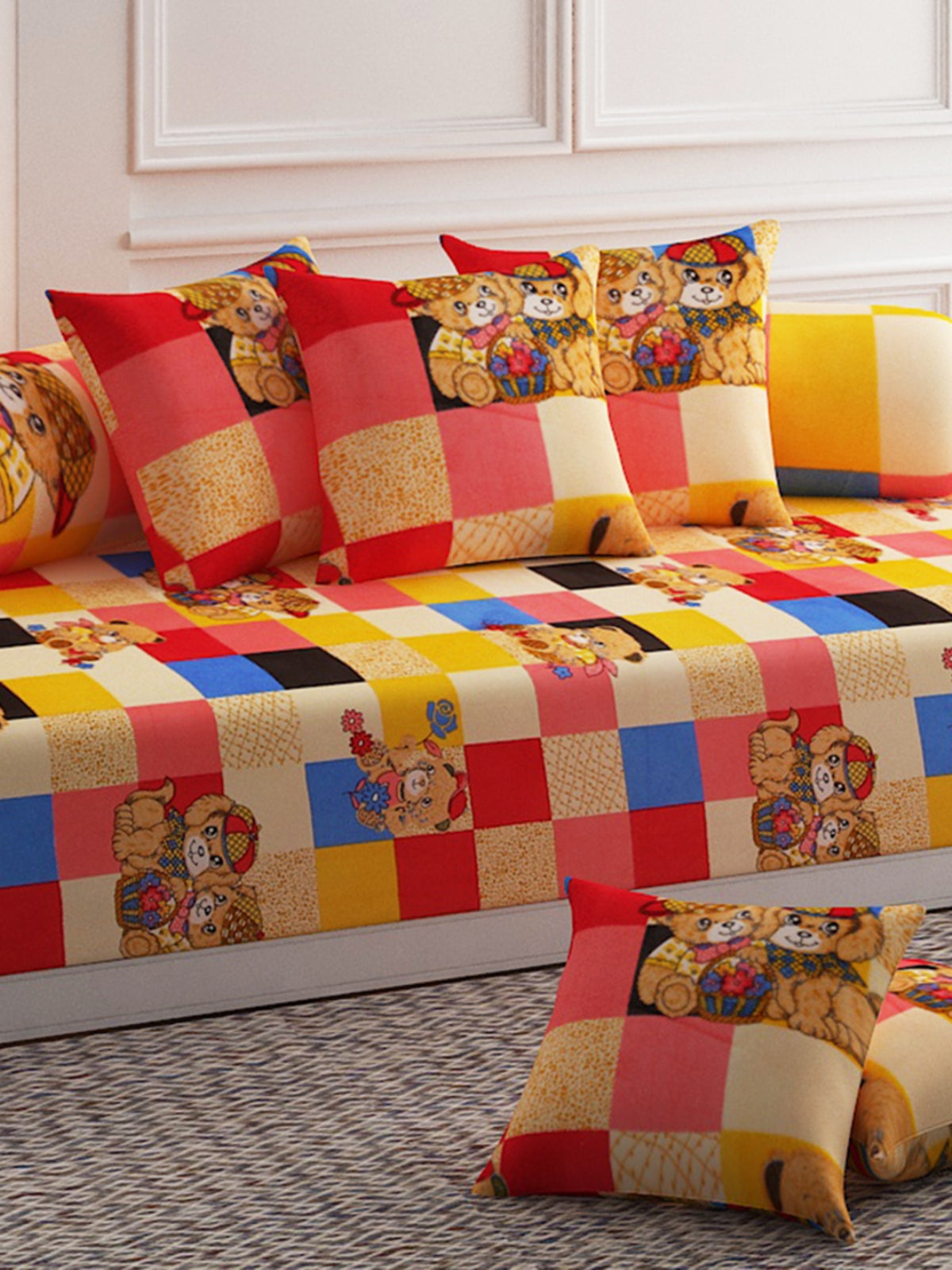 Teddy Printed Diwan Set with Bolster and Cushion Covers - Multicolor