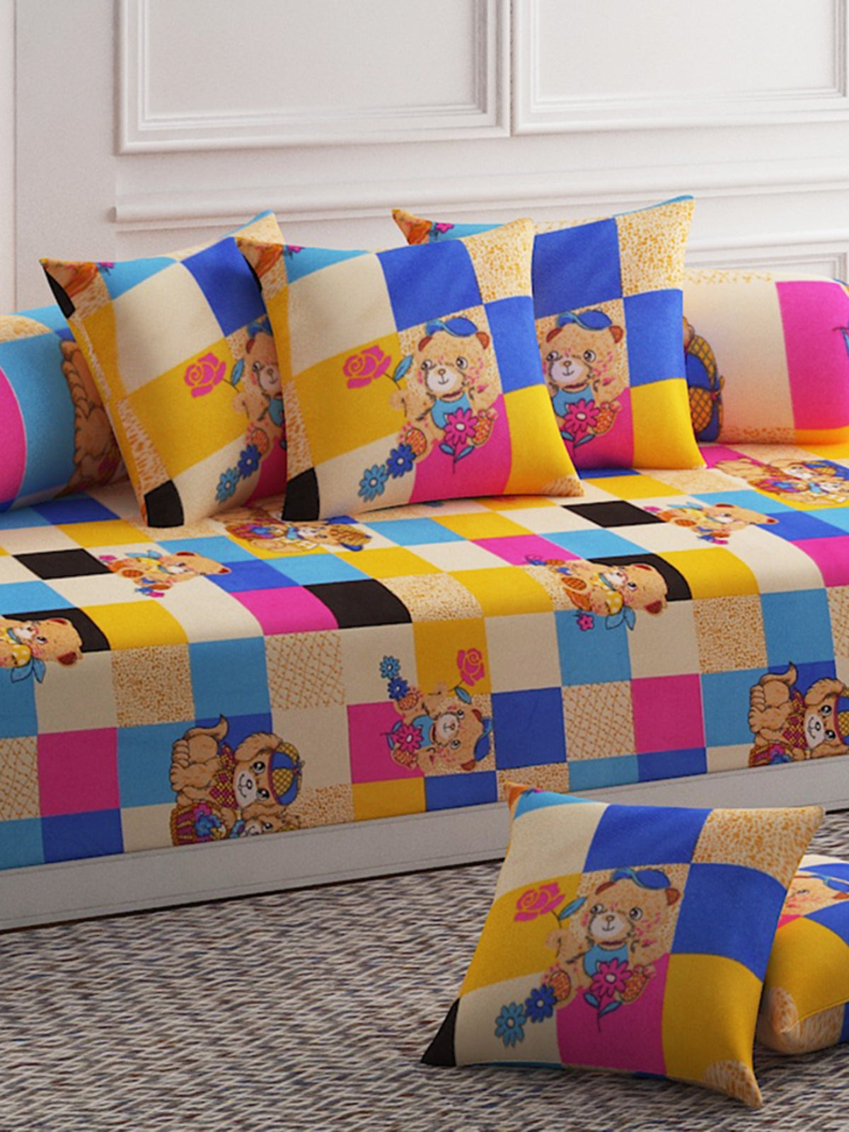 Teddy Printed Diwan Set with Bolster and Cushion Covers - Multicolor
