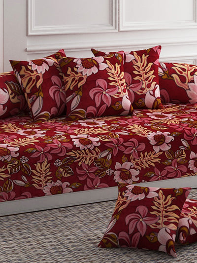 Floral Printed Diwan Set with Bolster and Cushion Covers - Maroon