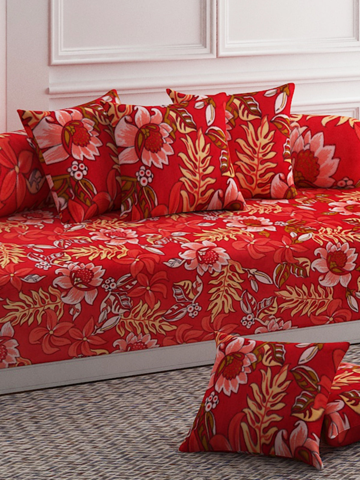 Floral Printed Diwan Set with Bolster and Cushion Covers - Red