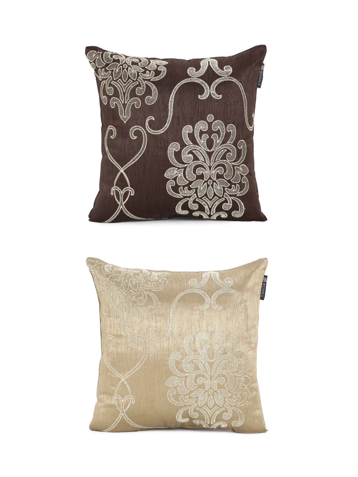 Soft Polyester Designer Embroidered Cushion Cover 16x16 Set of 2 - Brown & Beige
