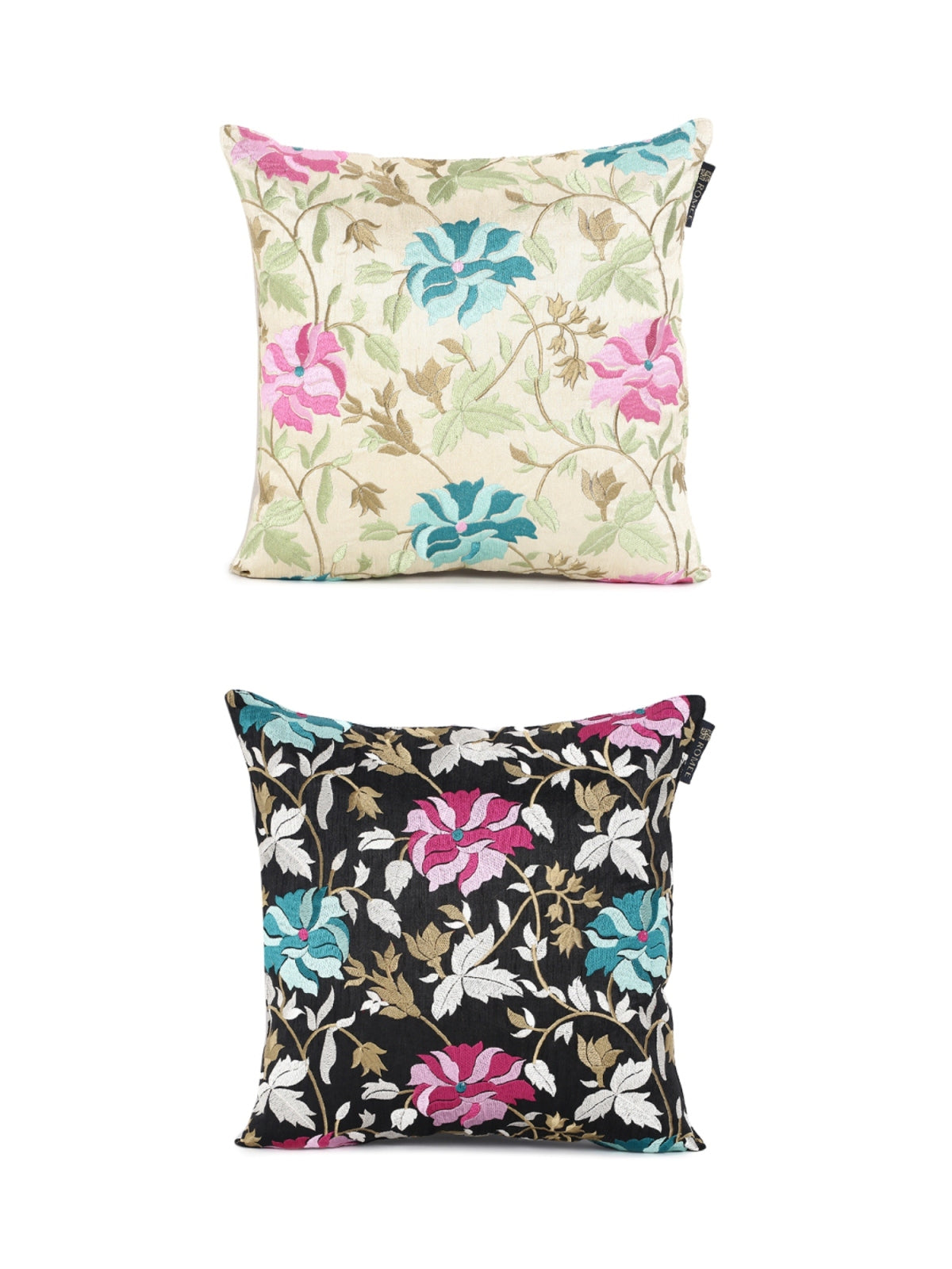 Embroidered Floral 2 Piece Polyester Cushion Cover Set - 16" x 16", Black and Beige