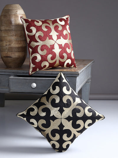 Soft Polyester Designer Embroidered Cushion Cover 16x16 Set of 2 - Maroon & Black