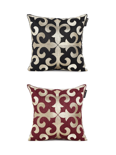 Soft Polyester Designer Embroidered Cushion Cover 16x16 Set of 2 - Maroon & Black