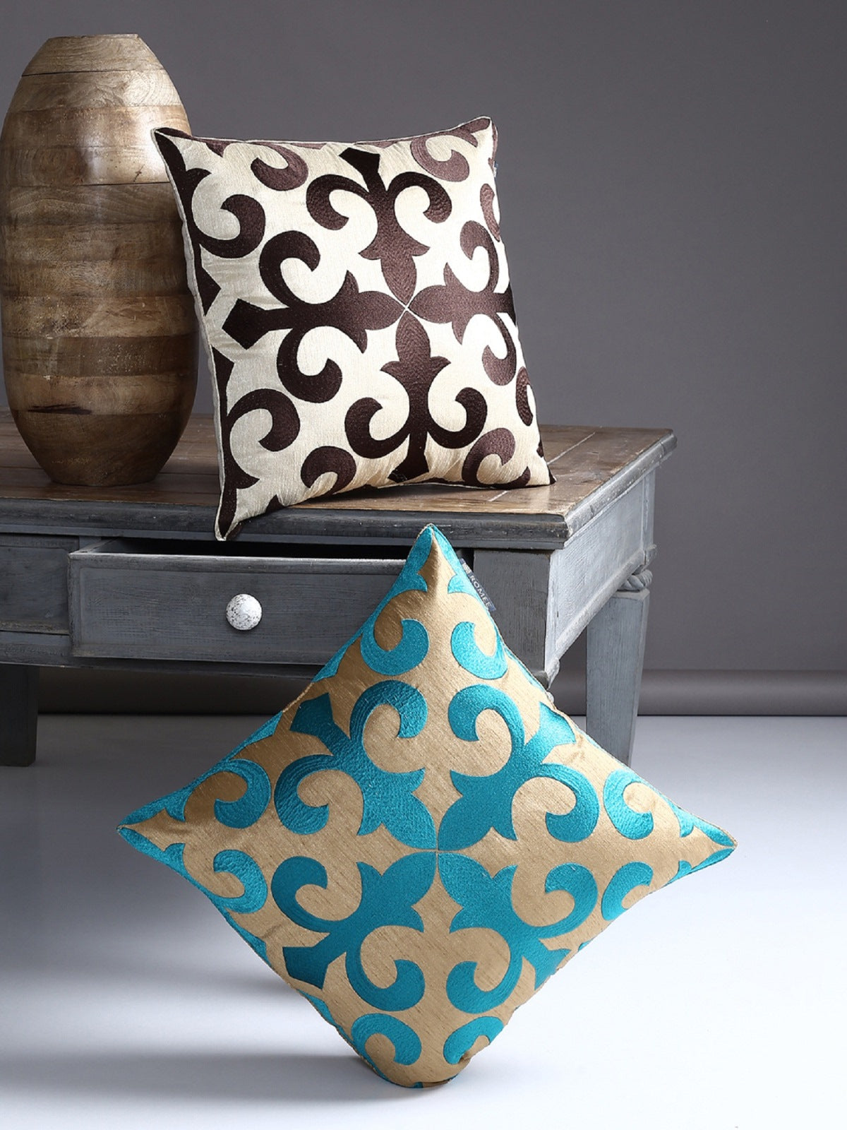 Soft Polyester Designer Embroidered Cushion Cover 16x16 Set of 2 - Brown and Turquoise