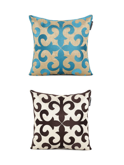 Soft Polyester Designer Embroidered Cushion Cover 16x16 Set of 2 - Brown and Turquoise