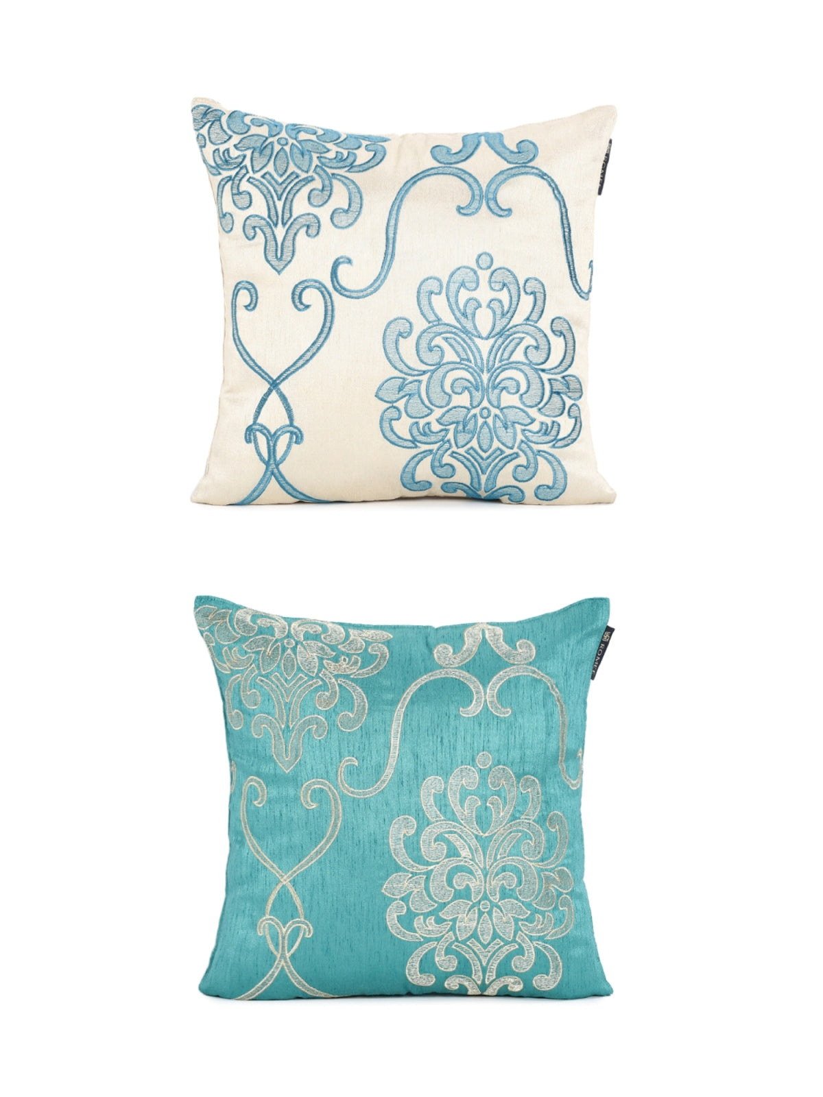 Embroidered 2 Piece Polyester Cushion Cover Set - 16" x 16", Gold and Turquoise