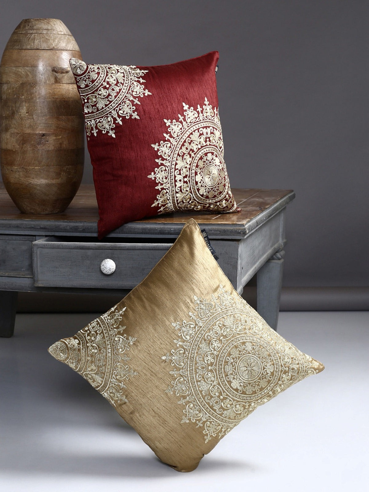 Embroidered 2 Piece Polyester Cushion Cover Set - 16" x 16", Maroon and Beige