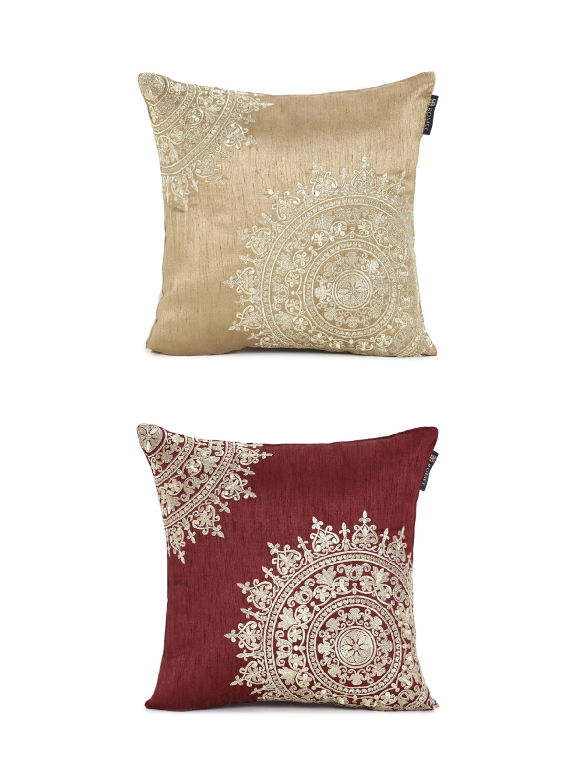 Embroidered 2 Piece Polyester Cushion Cover Set - 16" x 16", Maroon and Beige