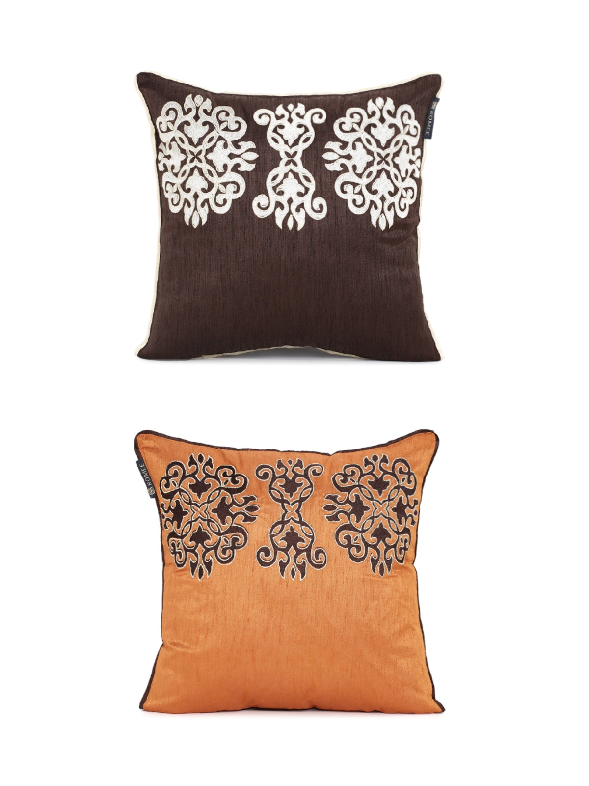 Embroidered 2 Piece Polyester Cushion Cover Set - 16" x 16", Orange and Brown