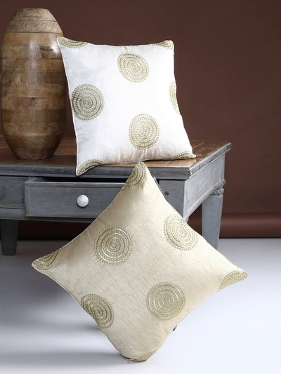 Embroidered Geometric 2 Piece Polyester Cushion Cover Set - 16" x 16", White and Beige