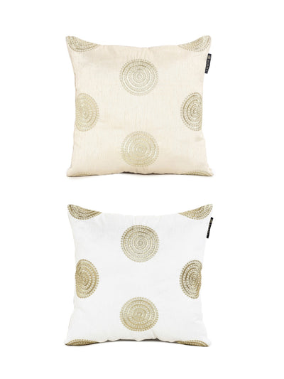 Embroidered Geometric 2 Piece Polyester Cushion Cover Set - 16" x 16", White and Beige