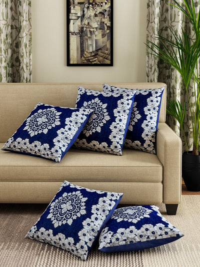 Polyester Chenille Floral Cushion Covers 16x16 inch Set of 5 - Blue