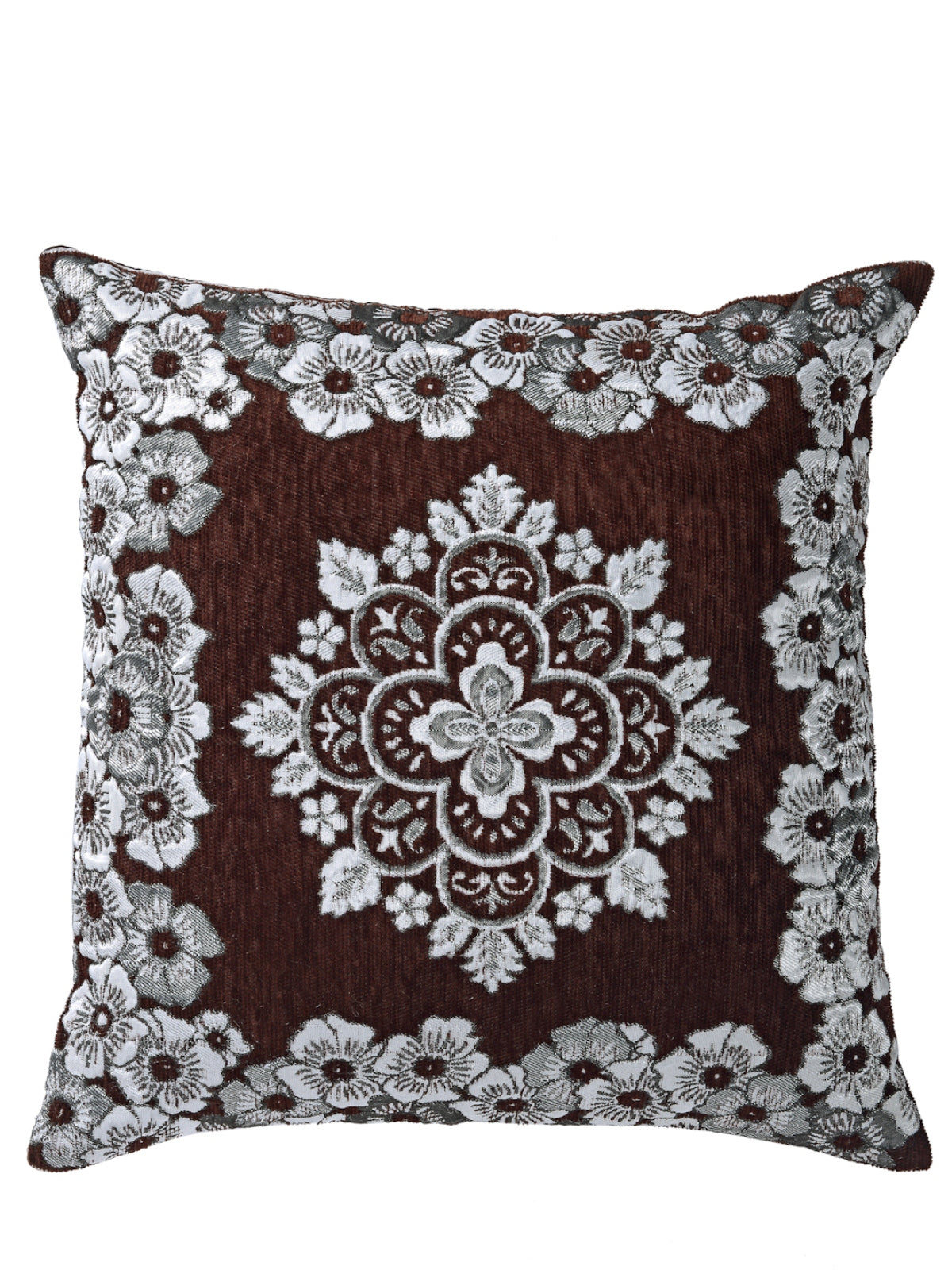 Polyester Chenille Floral Cushion Covers 16x16 inch Set of 5 - Brown