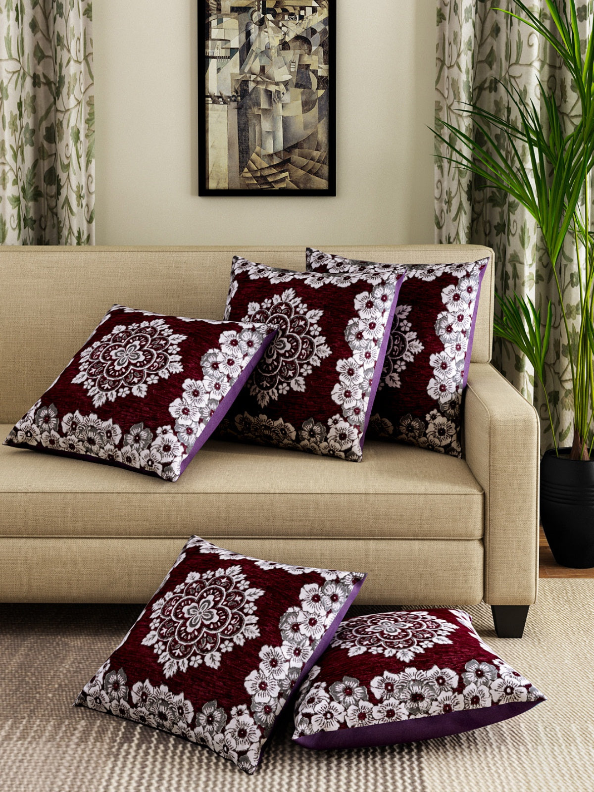 Polyester Chenille Floral Cushion Covers 16x16 inch Set of 5 - Purple