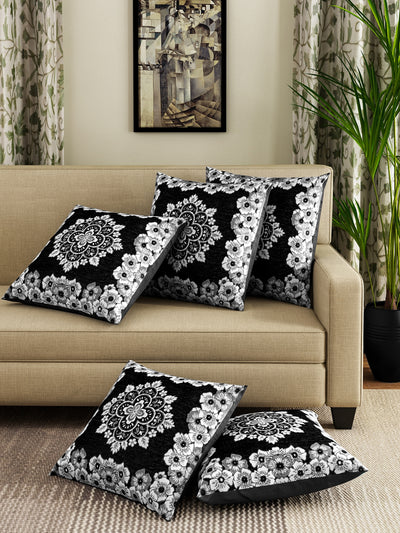 Soft Polyester Chenille Fabric Floral Cushion Covers 16x16 Set of 5 - Black