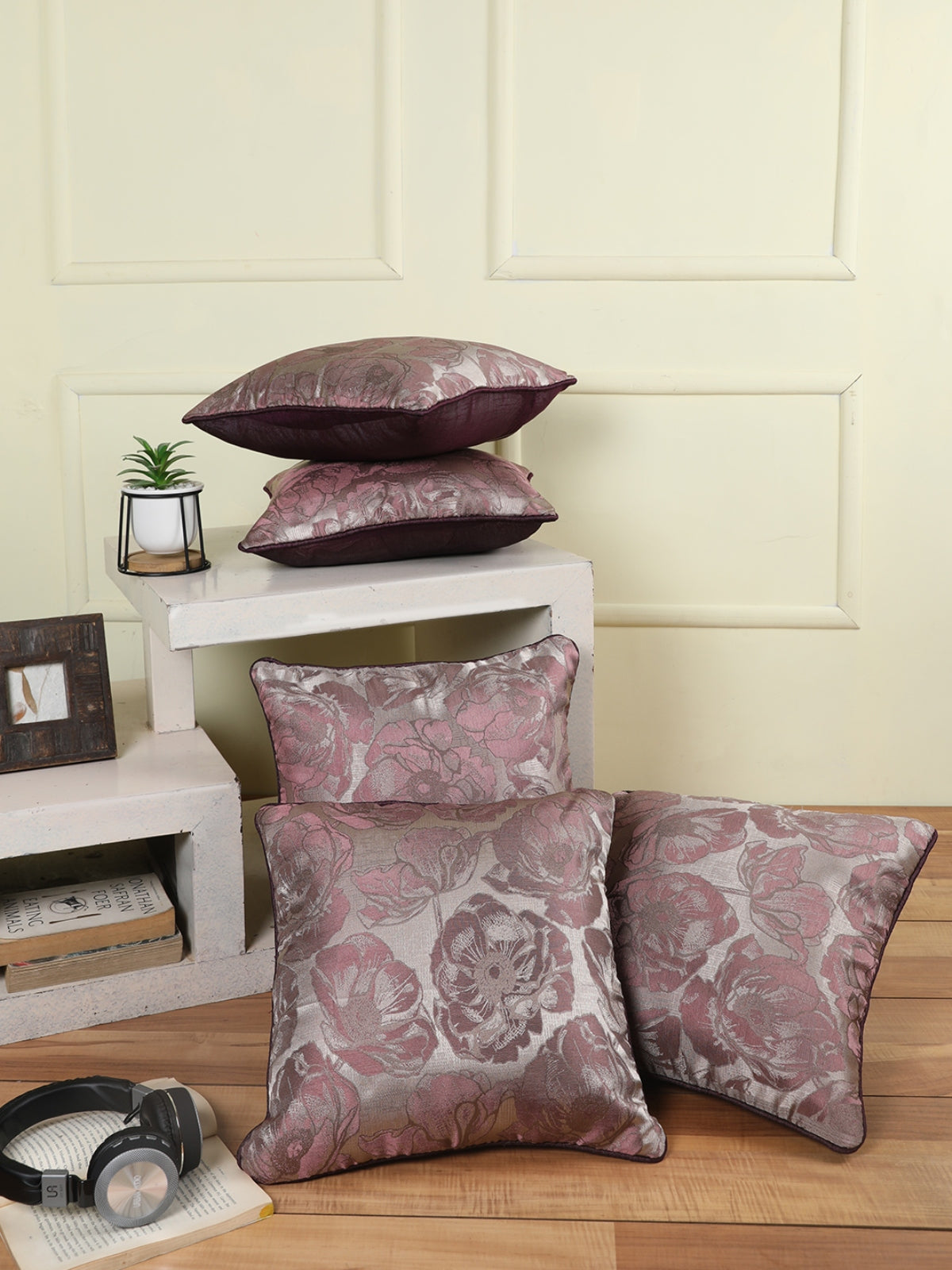 Burgundy & Silver Set of 5 Jacquard 16 Inch x 16 Inch Cushion Covers