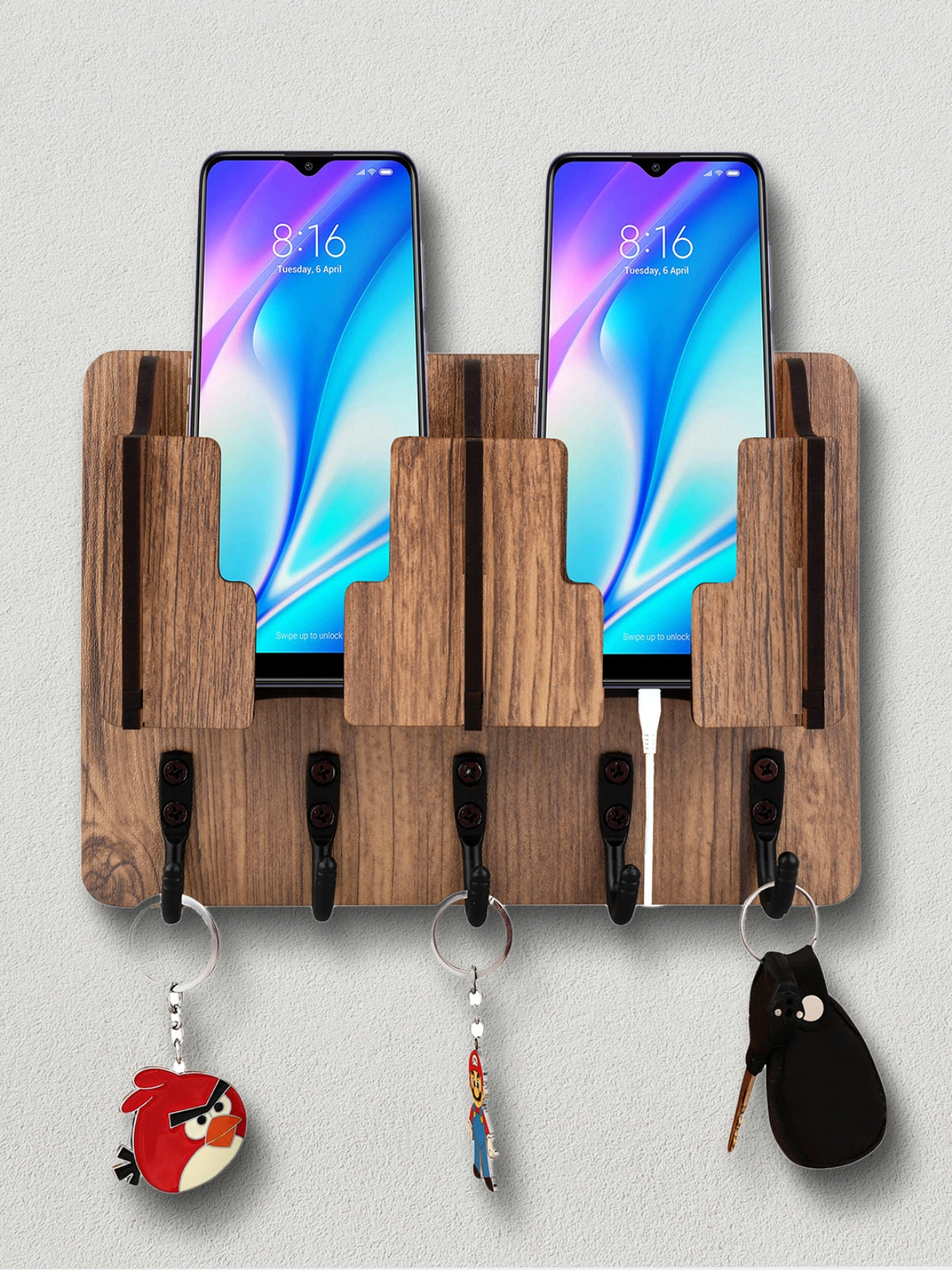 Wooden Key Holder With 2 Mobile Stand Holder For Home & Office Wall Decorative