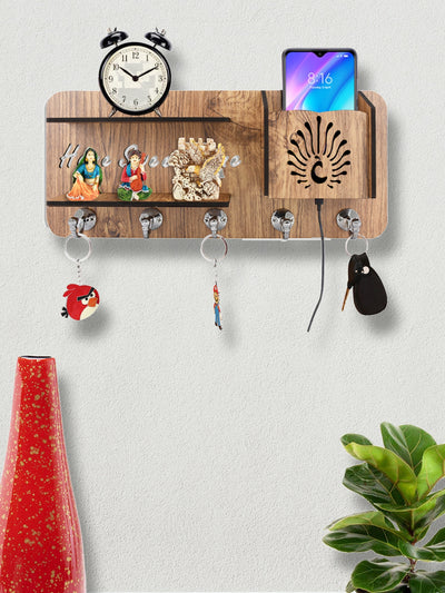 Wooden Key Holder With 2 Shelf & 1 Mobile Stand Holder For Home & Office Wall Decorative