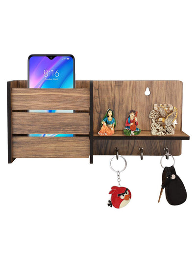 Wooden Key Holder With 1 Shelf & 1 Mobile Stand Holder For Home & Office Wall Decorative