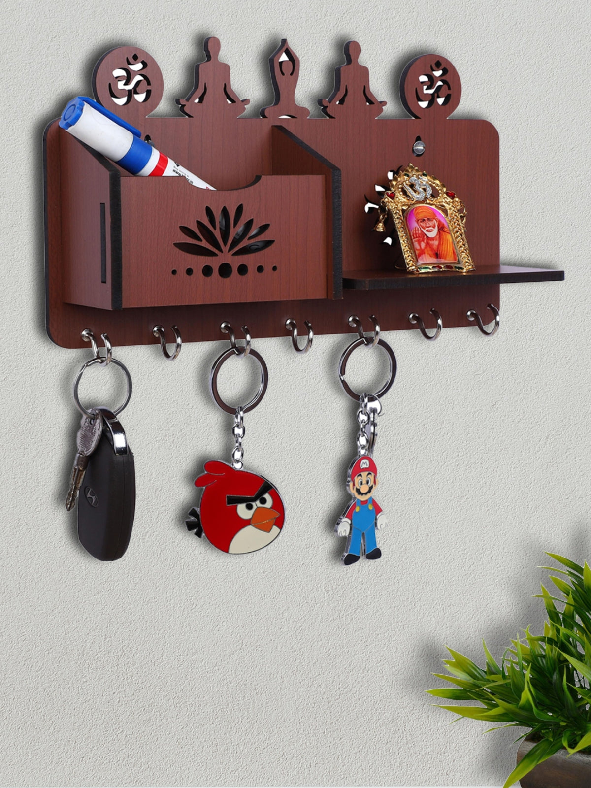 Wooden Key Holder With 1 Shelf & 1 Mobile Stand Holder For Home & Office Wall Decorative