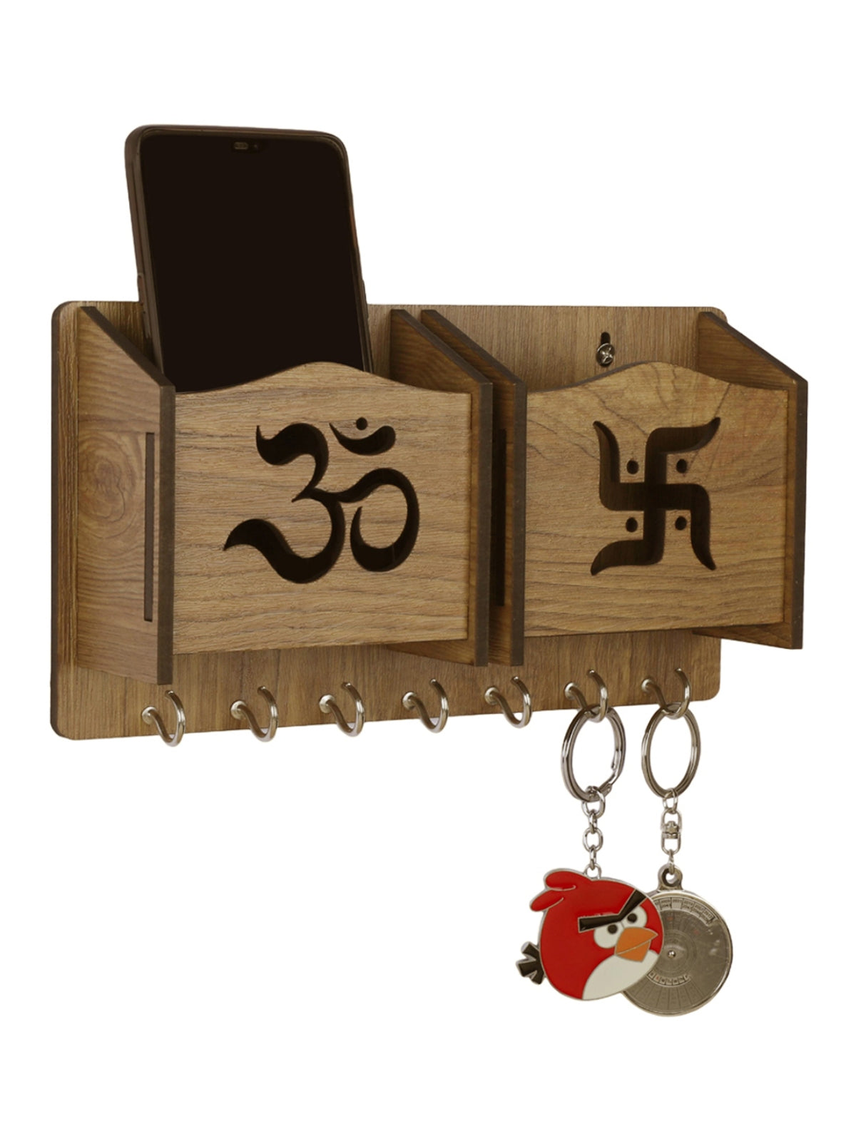 Wooden Key Holder With 2 Mobile Stand Holder For Home & Office Wall Decorative
