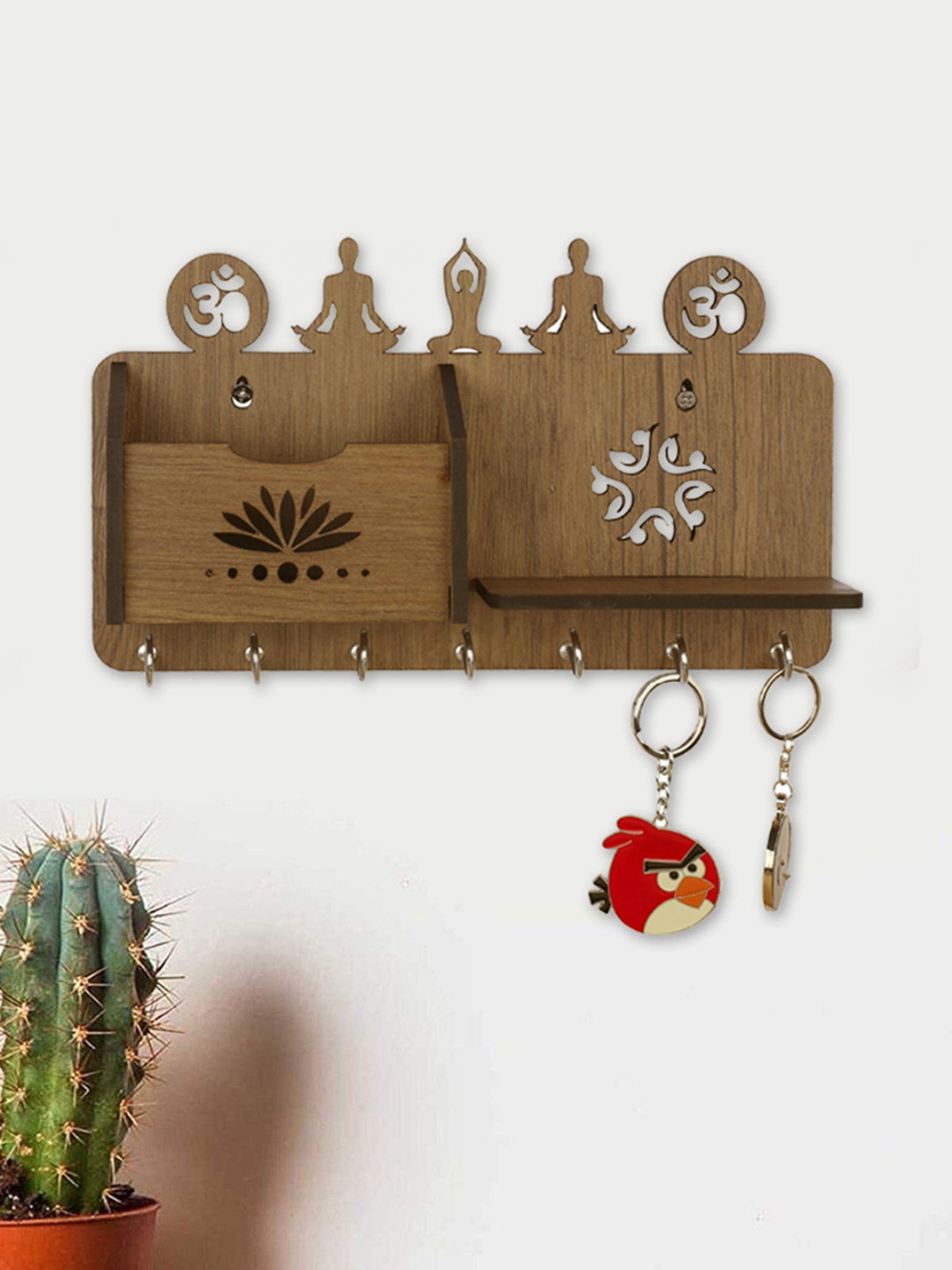 Wooden Key Holder With 1 Shelf & 1 Mobile Stand Holder For Home & Office Wall Decorative