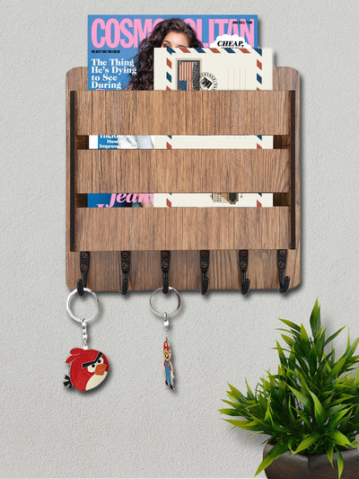 Wooden Key Holder With 1 Organizer For Mail & Magazine For Home & Office Wall Decorative