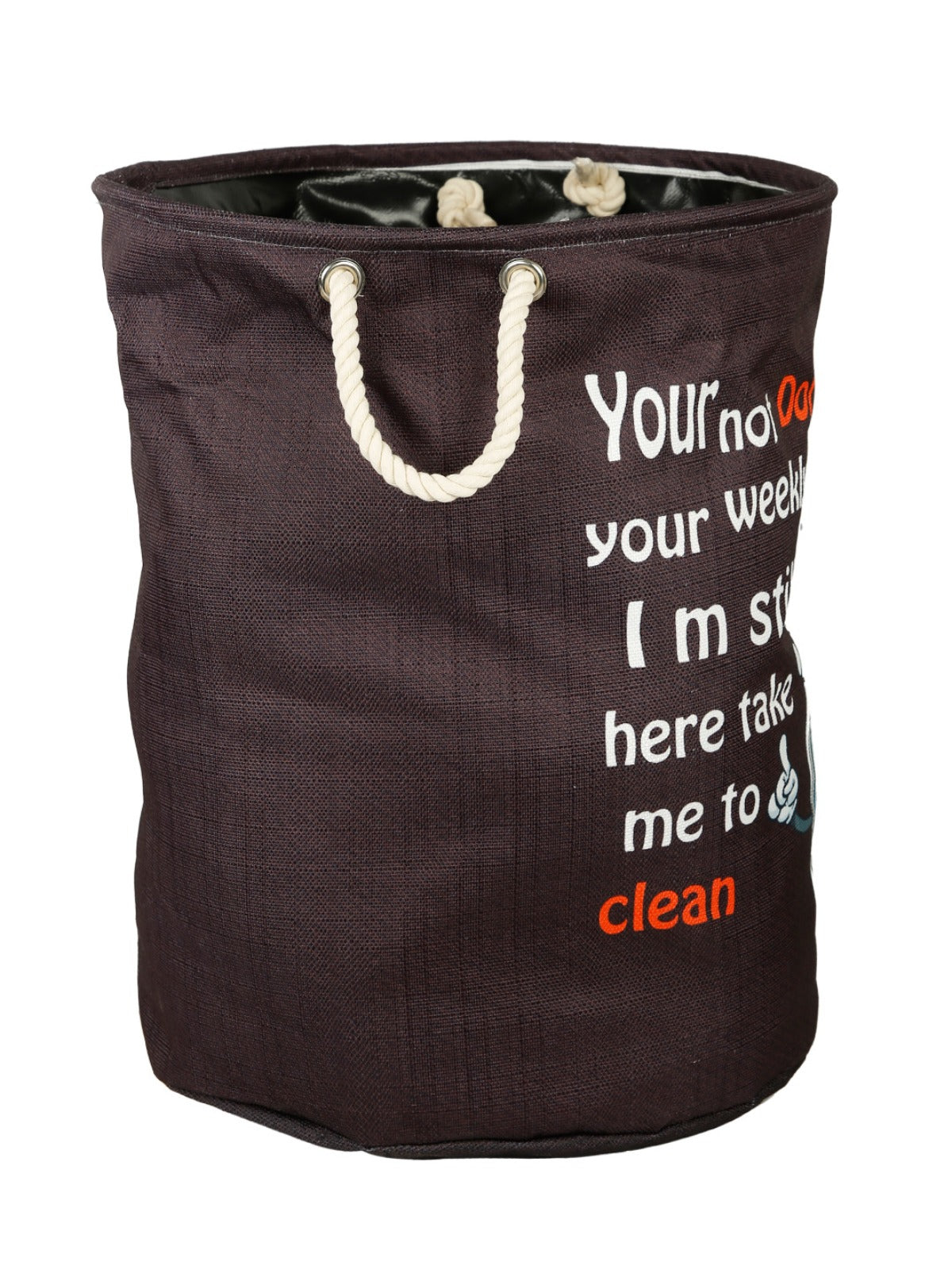 Polyester Slub Text Print Laundry Bag  - Coffee Brown