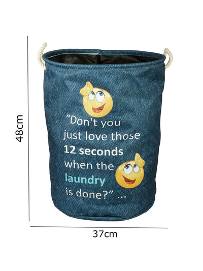 Polyester Slub Text Print Laundry Bag- Teal Blue