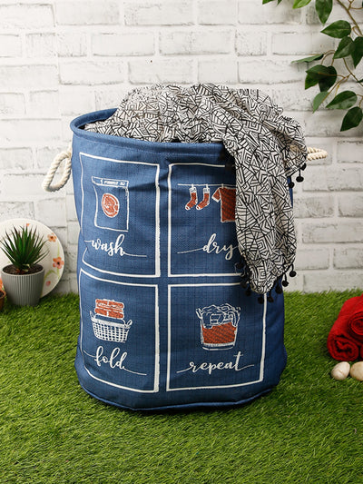Polyester Slub Text Print Laundry Bag  - Blue