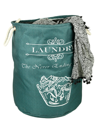 Polyester Slub Text Print Laundry Bag  - Teal Green