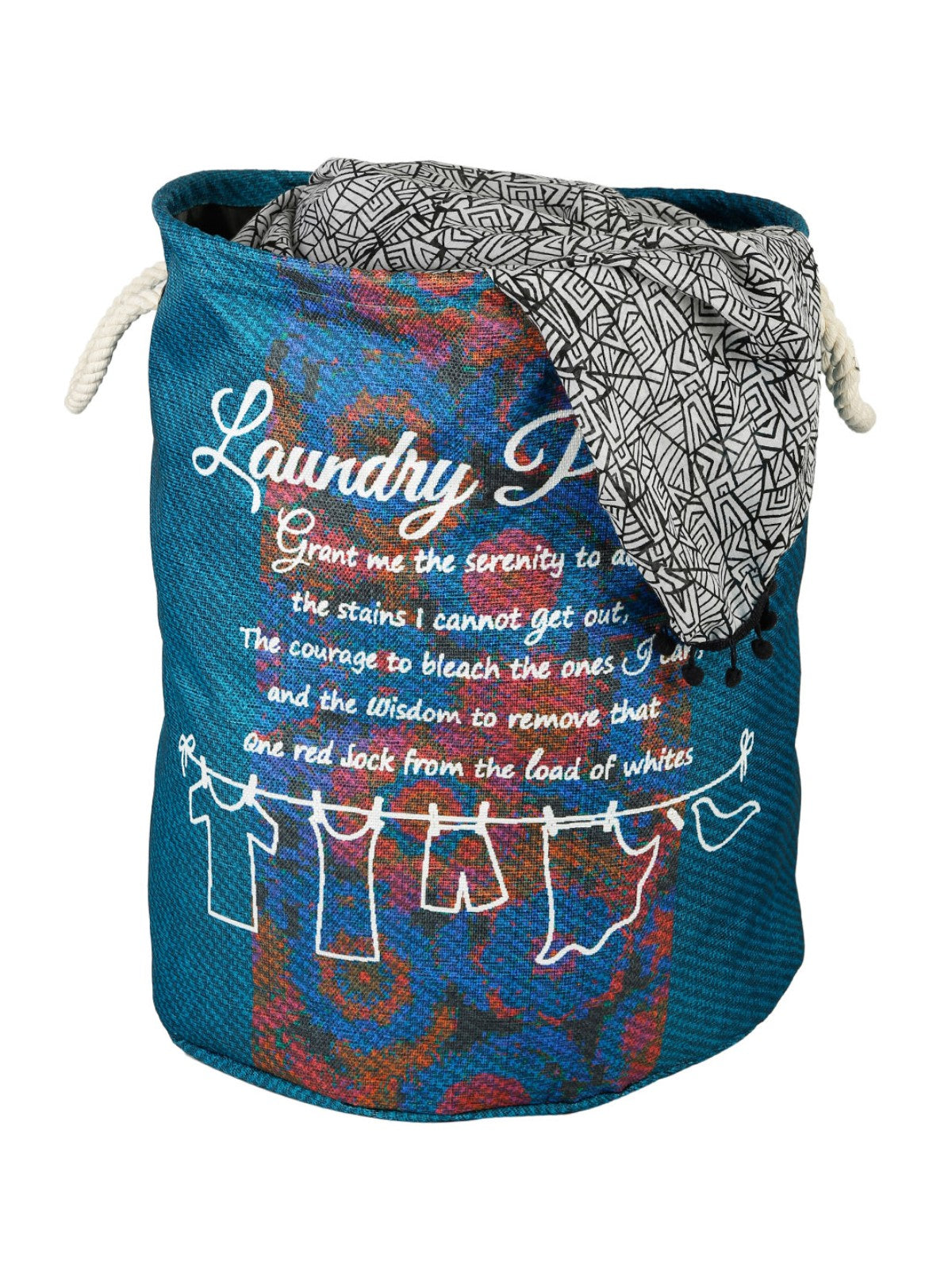 Polyester Slub Text Print Laundry Bag  - Teal & Blue