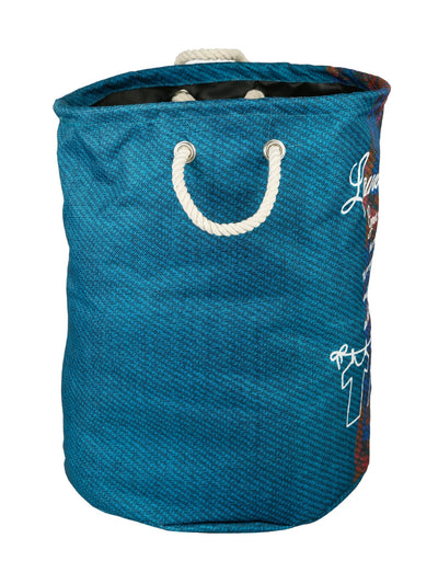 Polyester Slub Text Print Laundry Bag  - Teal & Blue