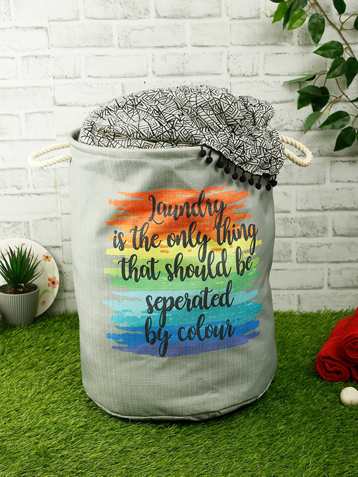 Polyester Slub Text Print Laundry Bag  - Silver