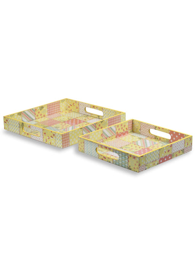 Yellow Set of 2 Wooden Large & Small Trays for Dining & Serving Table
