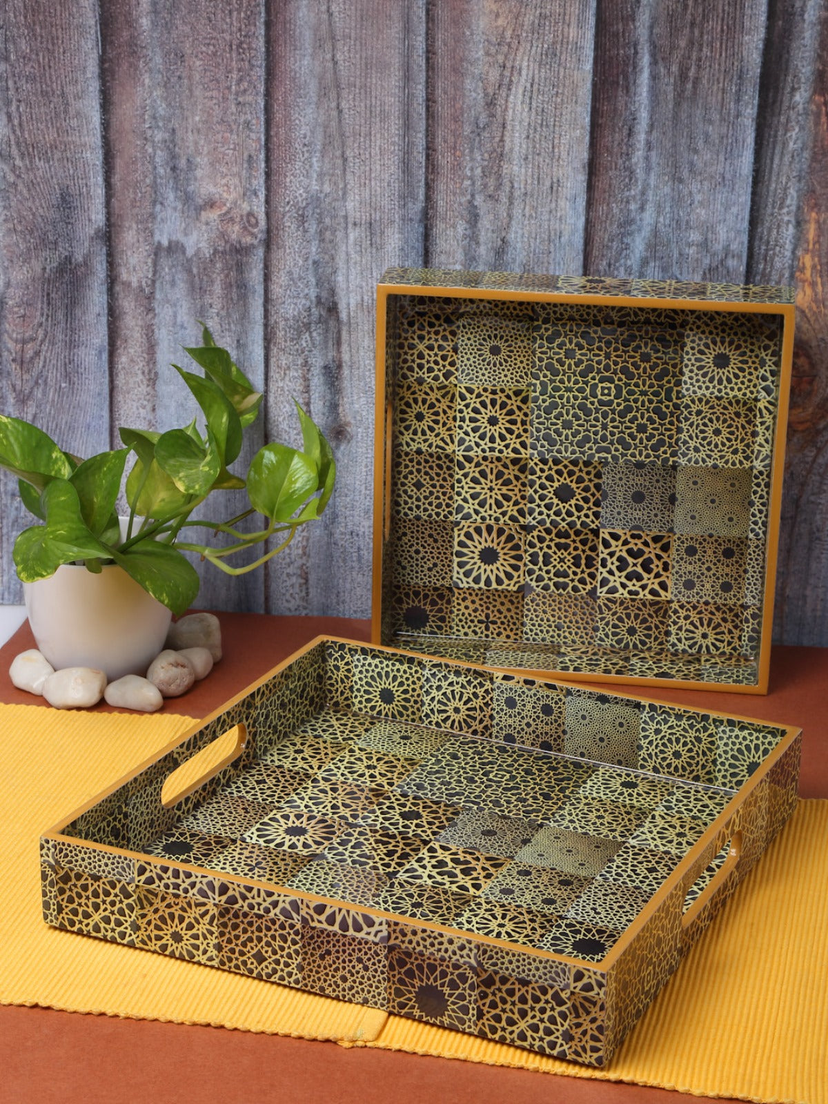 Yellow & Black Set of 2 Wooden Large & Small Trays for Dining & Serving Table
