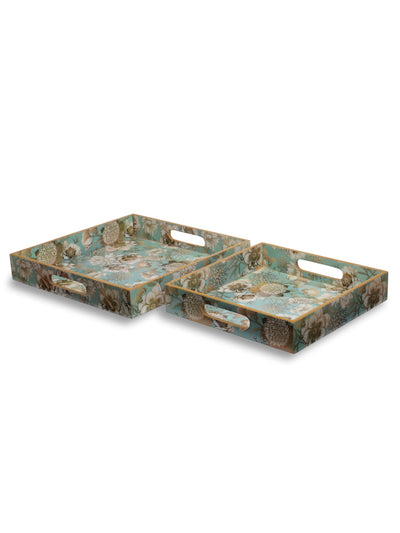 Green & Brown Set of 2 Wooden Large & Small Trays for Dining & Serving Table