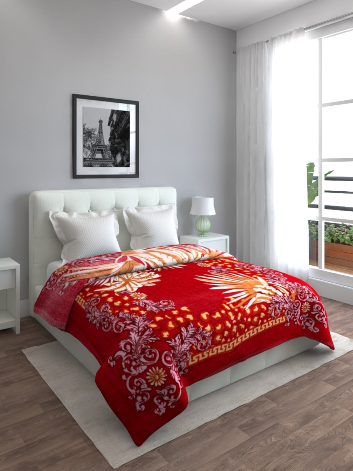 Red Leafy Patterned 200 GSM Double Bed Blanket
