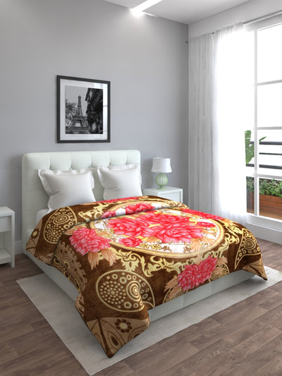 Cream & Brown Rose Patterned 200 GSM Double Bed Blanket