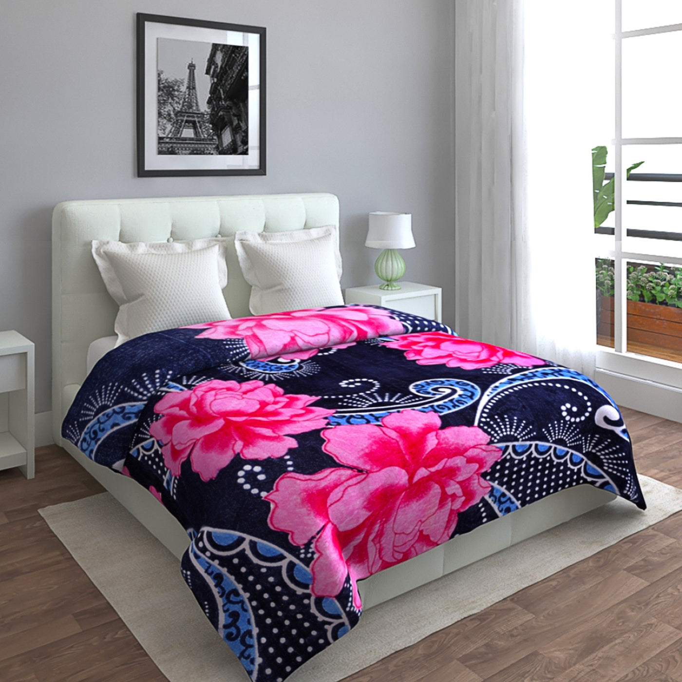 Blue & Pink Rose Patterned 200 GSM Double Bed Blanket