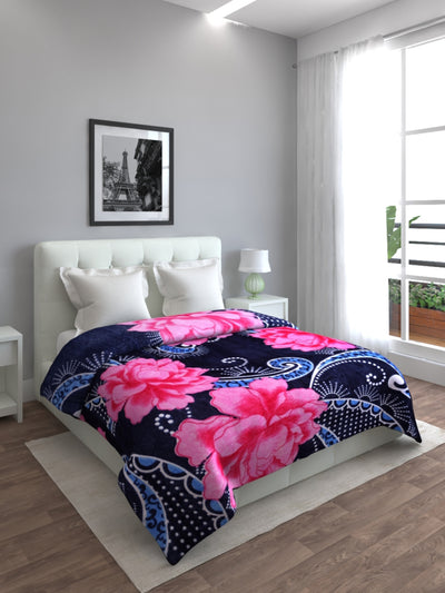Blue & Pink Rose Patterned 200 GSM Double Bed Blanket