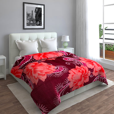 Maroon & Pink Rose Patterned 200 GSM Double Bed Blanket