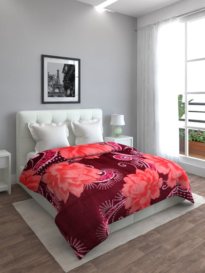 Maroon & Pink Rose Patterned 200 GSM Double Bed Blanket