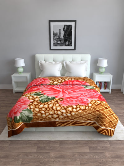 Brown & Pink Rose Patterned 200 GSM Double Bed Blanket
