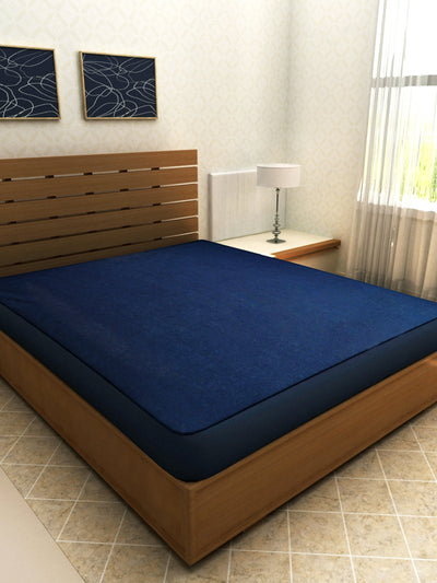Dark Blue Terry Cloth Waterproof Mattress Protector for King Size