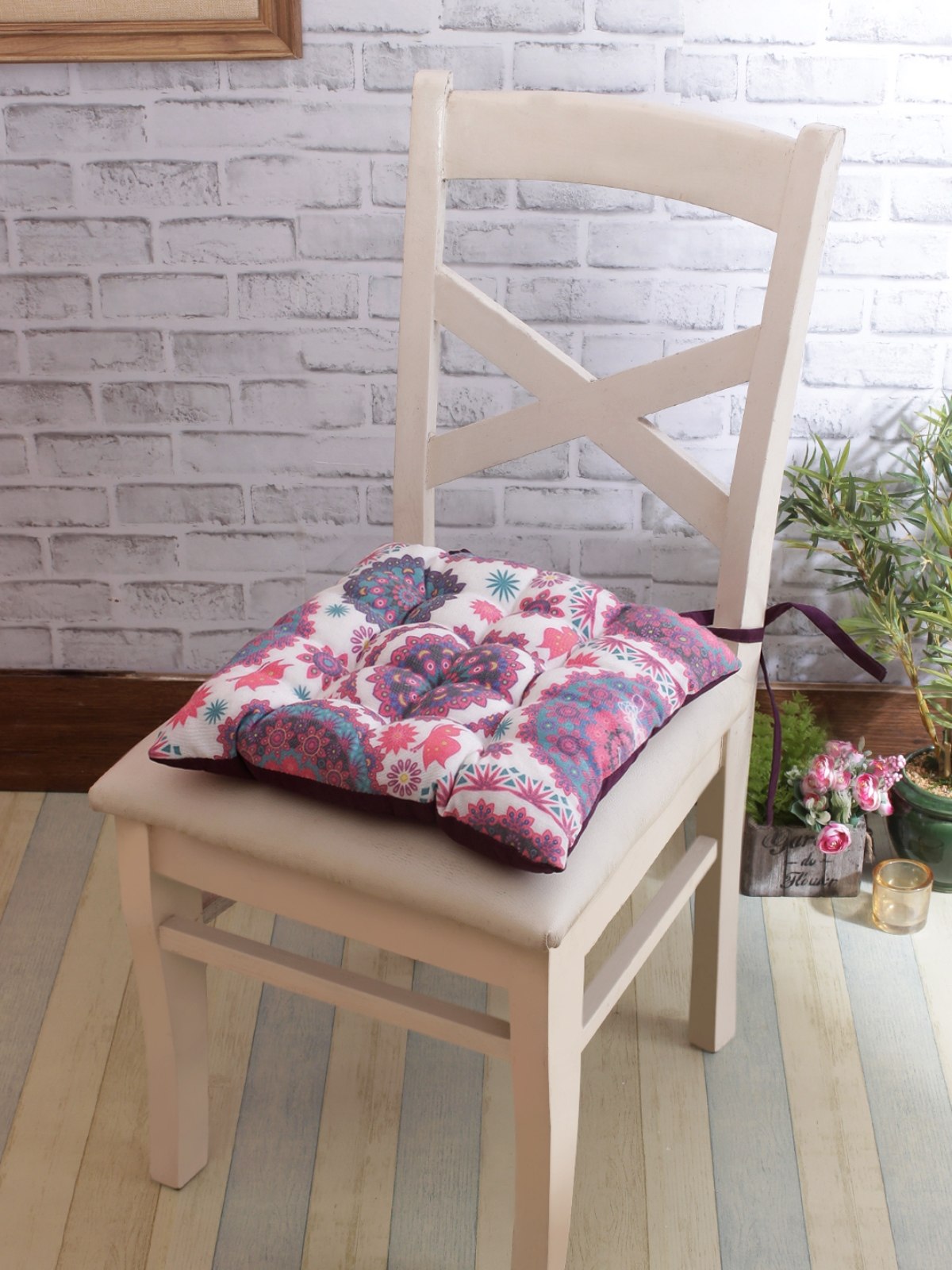 White & Pink Chair Pad Cushion Seat Mandala Printed - Set of 2, 40 cm x 40 cm